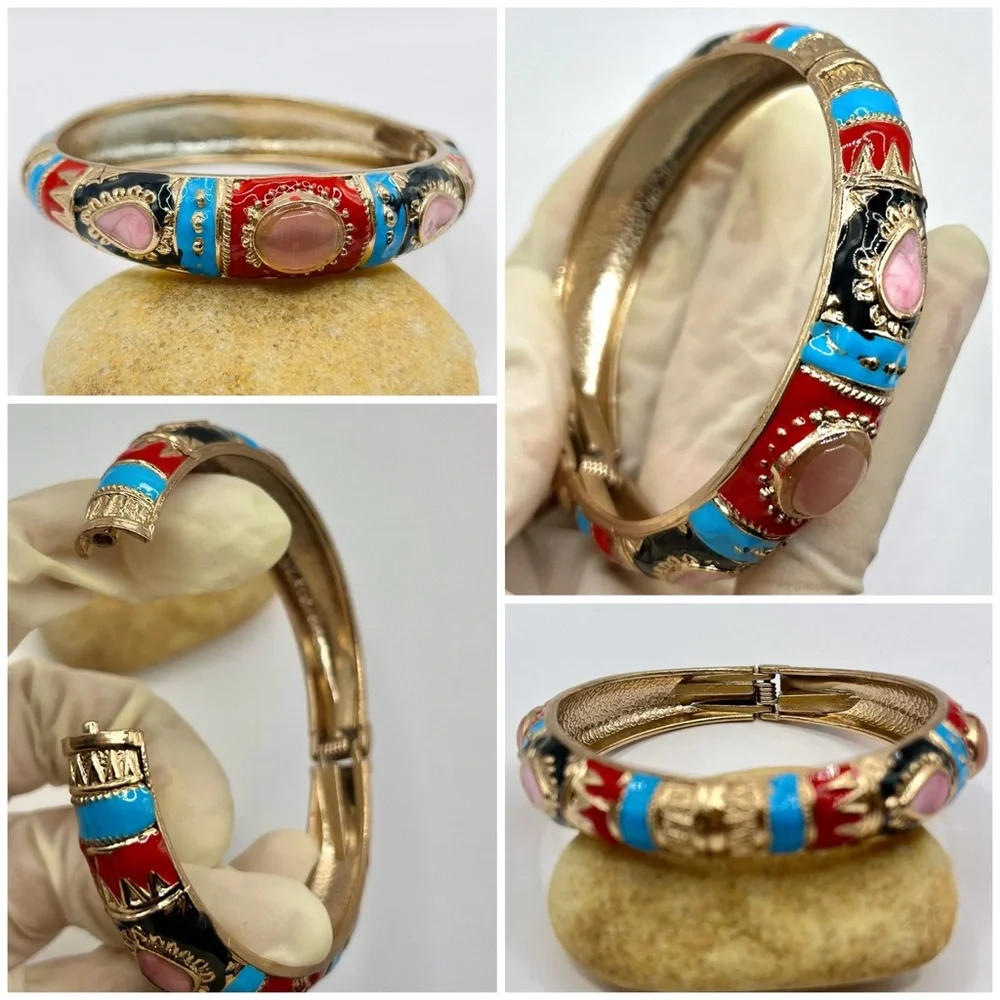 Cloisonne Enamel Open Bangle Bracelet Ethnic Vintage Jewelry - Multicolor - Picture 2 of 2